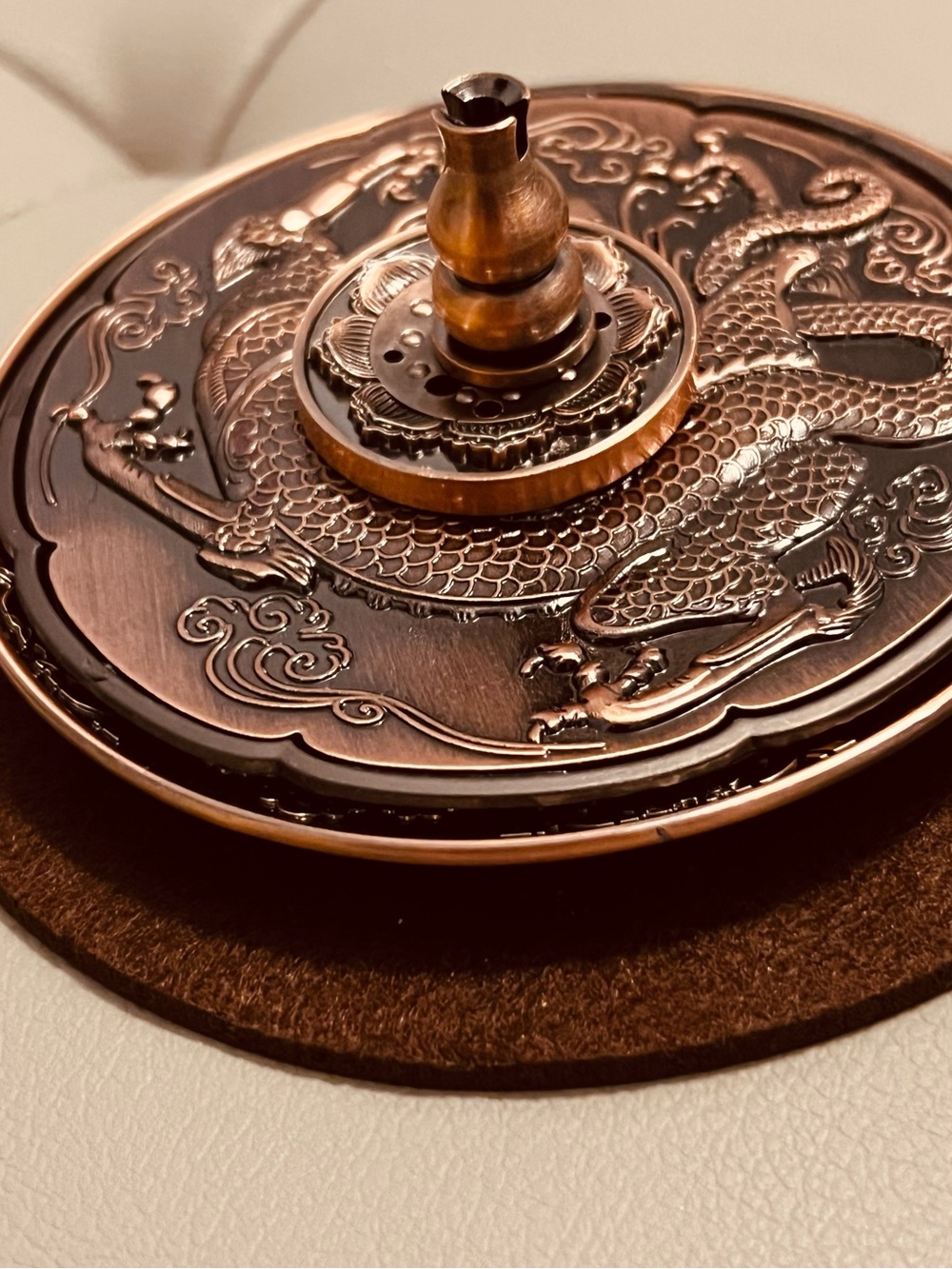 Ornate Dragon Engraved Copper Decorative 4 piece incense holder.